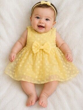 size 3-6 months yellow frilly polka dotted bow dress